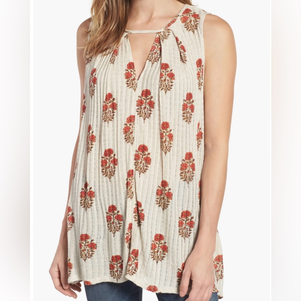 Lucky Brand Woodblock Print Tunic Sleeveless Viscose Linen Blend Top Women’s XS